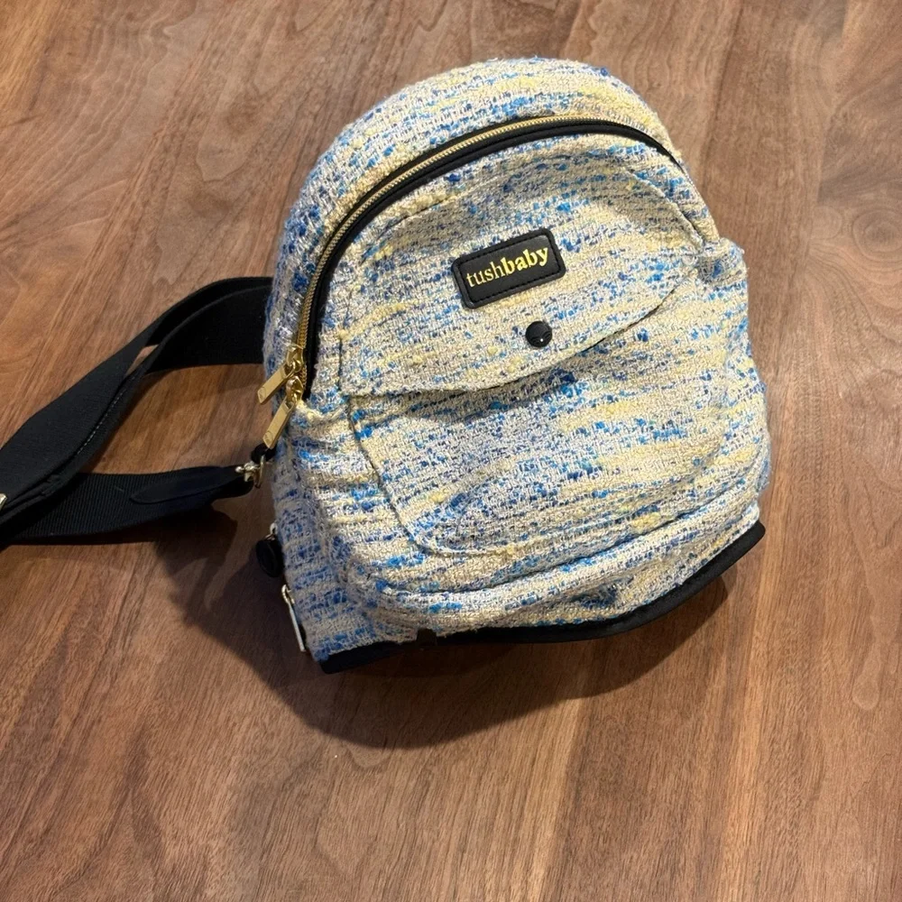 Tush Baby hip carrier with crossbody strap - blue and yellow metallic tweed - Picture 3 of 8